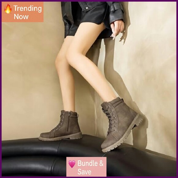 Waterproof Ankle Boots with Fur Lining, Non-Slip Combat Boots, Zipper & Lace-Up - Picture 8 of 8